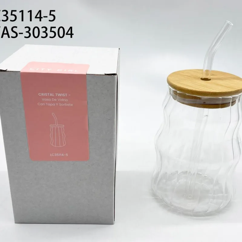 VASO DE VIDRIO ONDULADO CON TAPA Y SORBETE
