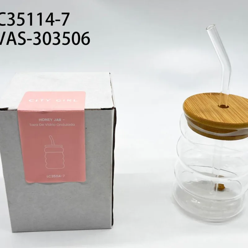 VASO DE VIDRIO ONDULADO PETISO CON TAPA Y SORBETE