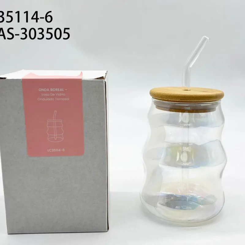 VASO DE VIDRIO ONDULADO TORNASOL CON TAPA Y SORBETE