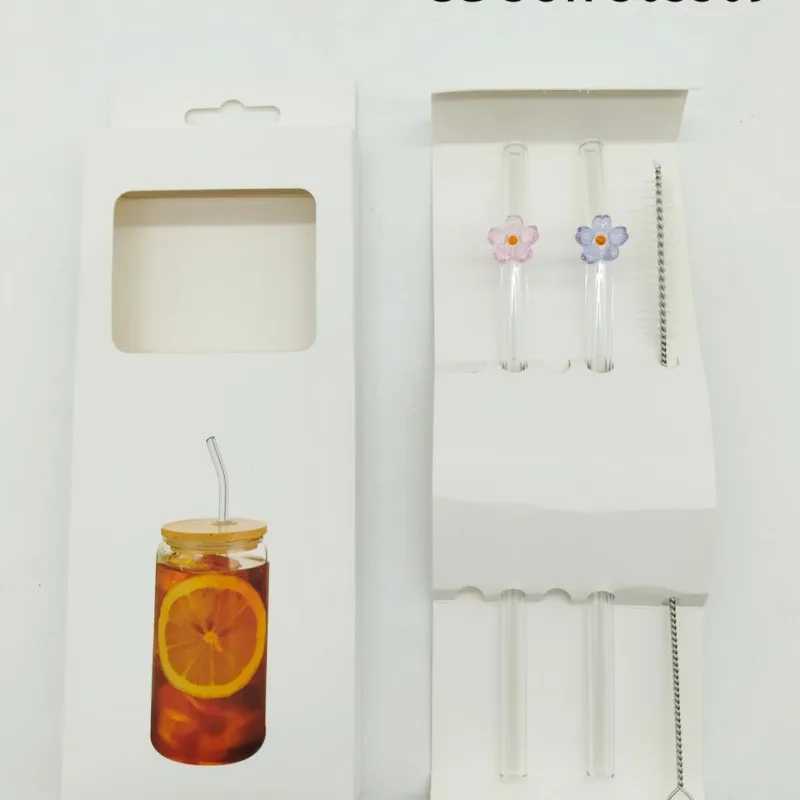 SET DE SORBETES DE VIDRIO REUTILIZABLE CON CEPILLO FLOR